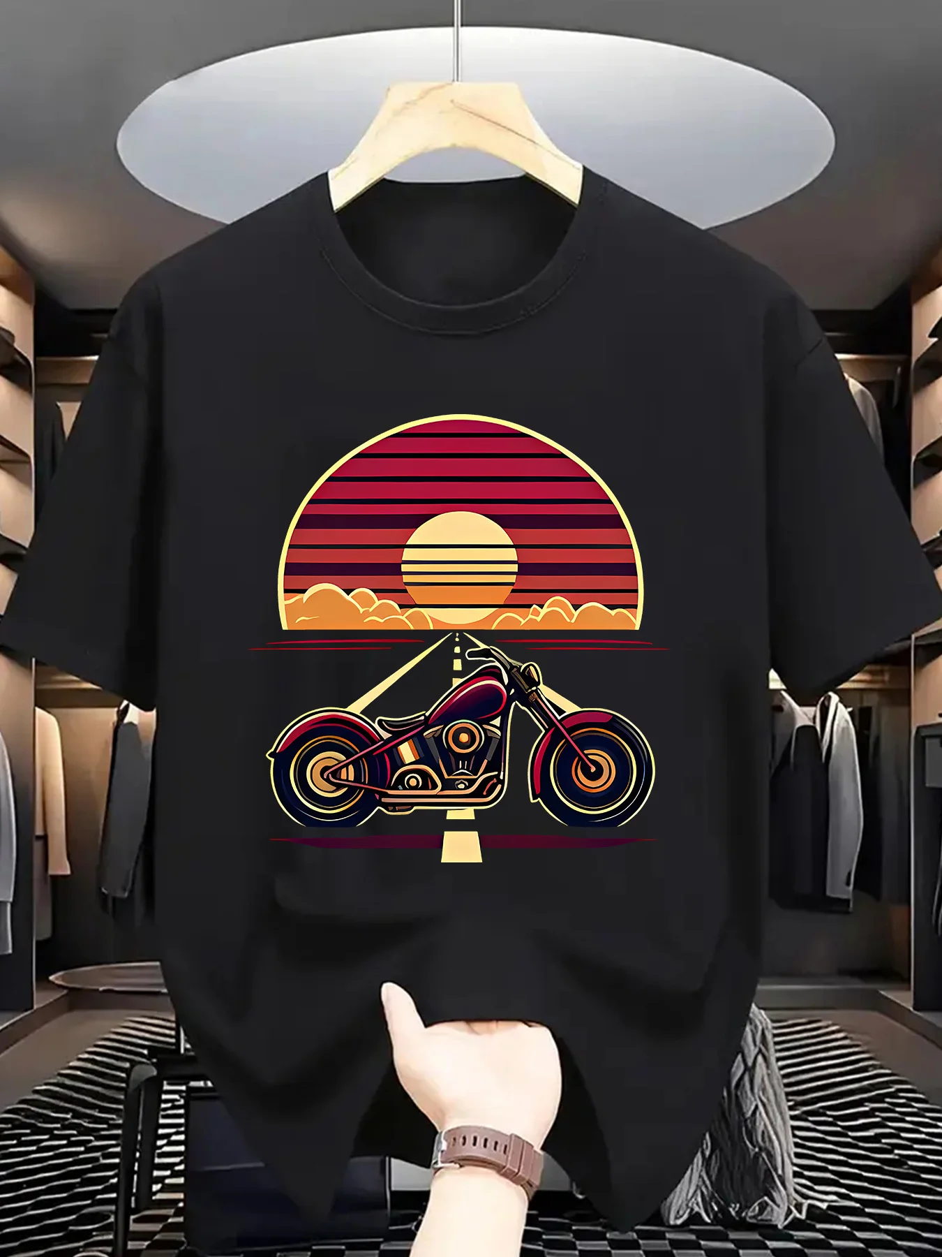 Vintage Biker Print Men Short Sleeve Tshirt Classic Motorbike Sunset Highway O Neck Tee Rider Style Male Street Fashion Tops