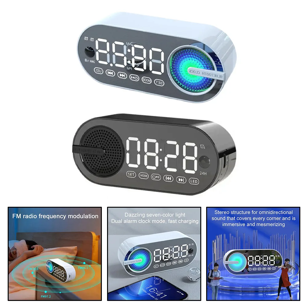 Mirror Clock Alarm Clock Audio Atmosphere Light Subwoofer Portable Gifts Wireless Speaker Dual Alarm Clock Mode