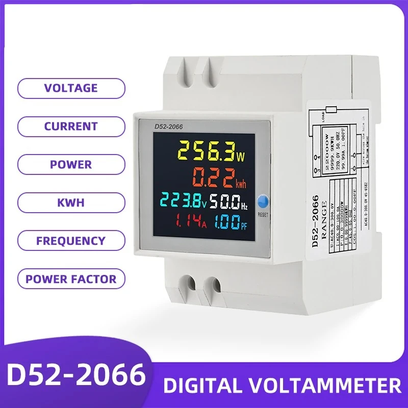 6IN1 Din Rail Display Smart Energy Meter 110V 220V 380V 100A AC Monitor Voltage Current Power Frequency Power Factor VOLT AMP