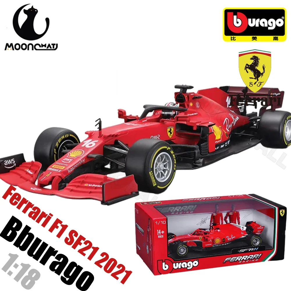 Bburago 1:18 Ferrari F1 SF21 2021 Die Cast #16 #55 Charles Leclerc mobil logam campuran Model koleksi Model Play 1 kendaraan mainan logam paduan