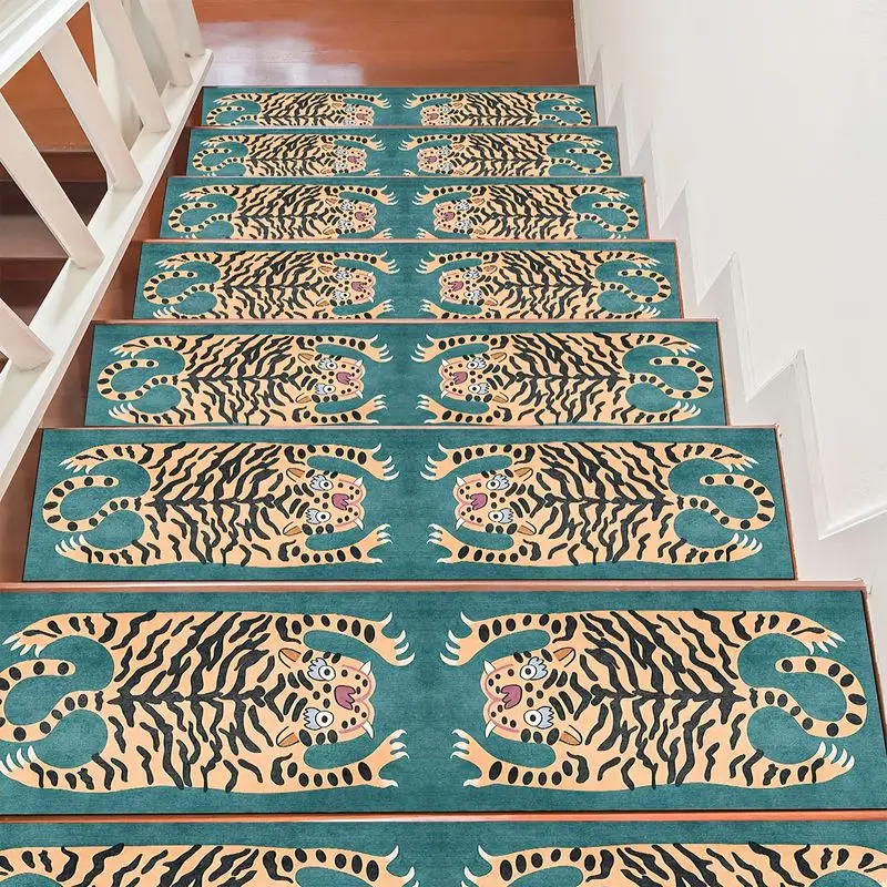 VIKAMA Soft Plush Stair Treads Anti Slip Step Mat Teal Cartoon Tiger Print Staircase Carpet Washable for Stairs Home Decor