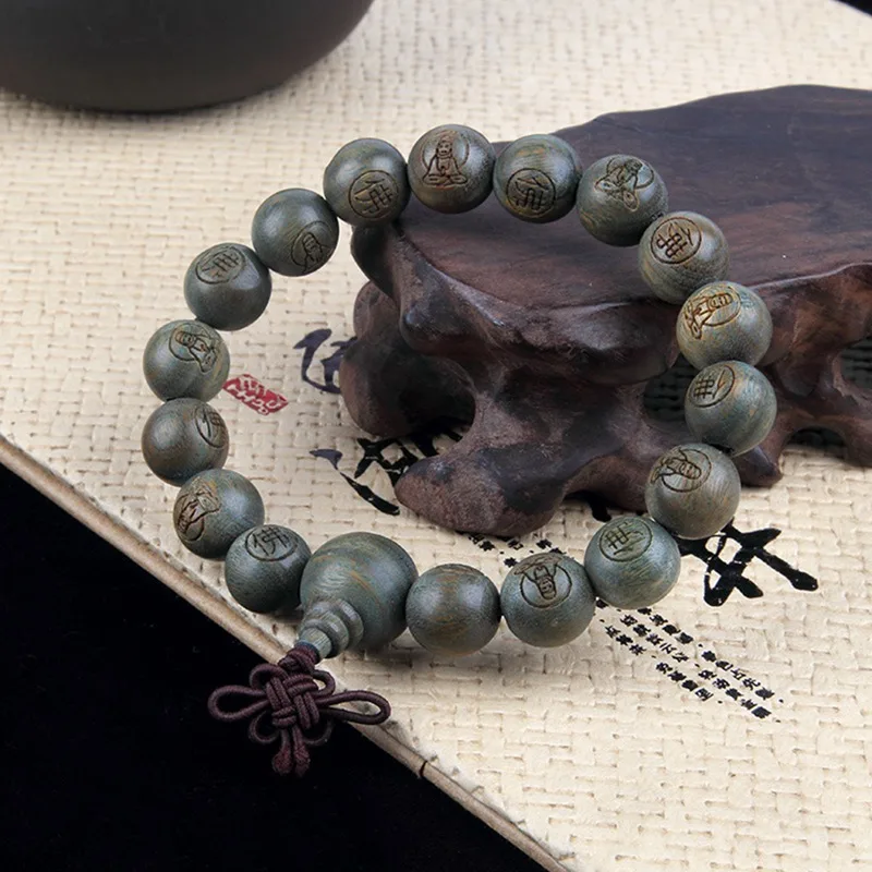 

12mm Sandalwood Carved Guanyin Buddha Mala Bracelet Semi-precious Stones Jewelry Stackable Classic Cuff Lovers Unisex Men