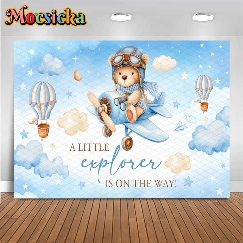Mocsicka A Little Explorer Is On The Way Backdrop Blue Sky Airplane Bear Photography Background Baby Shower Boys Decors Banner