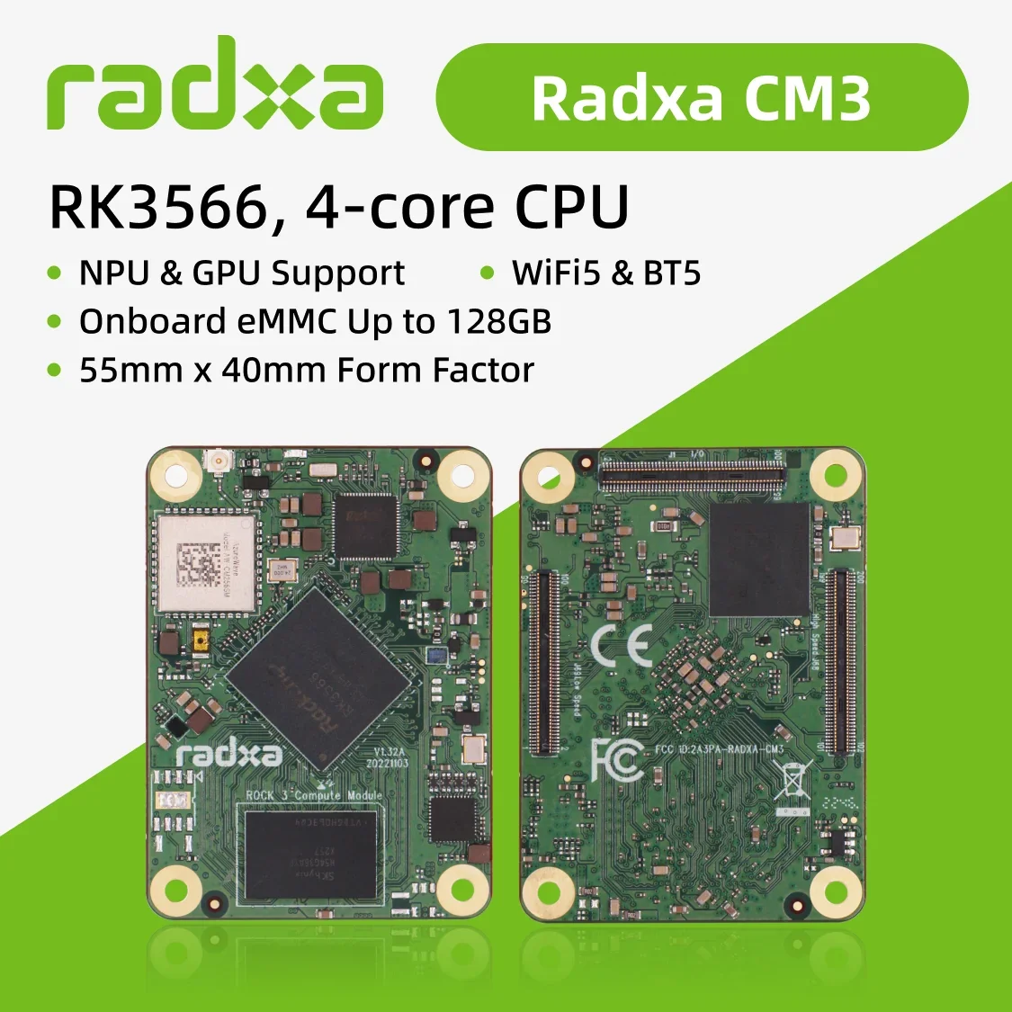 

Radxa CM3 RK3566 4-core CPU Compute Module, GPU, NPU, 4K HDMI and 3x100-Pin B2B Connector, Single Board ComputerNew