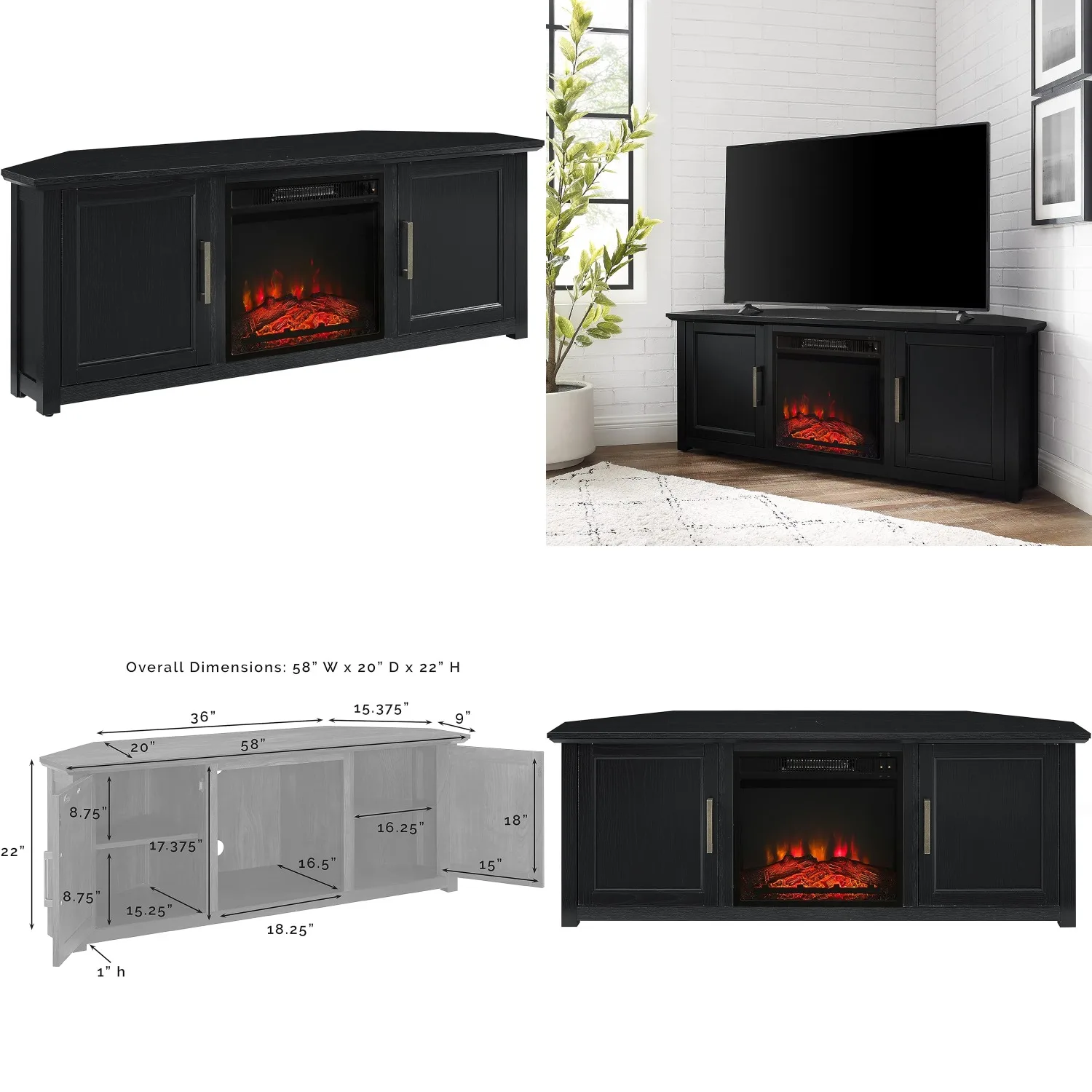 Corner Fireplace TV Stand Entertainment Center Storage Shelves 65 inch Black Customized