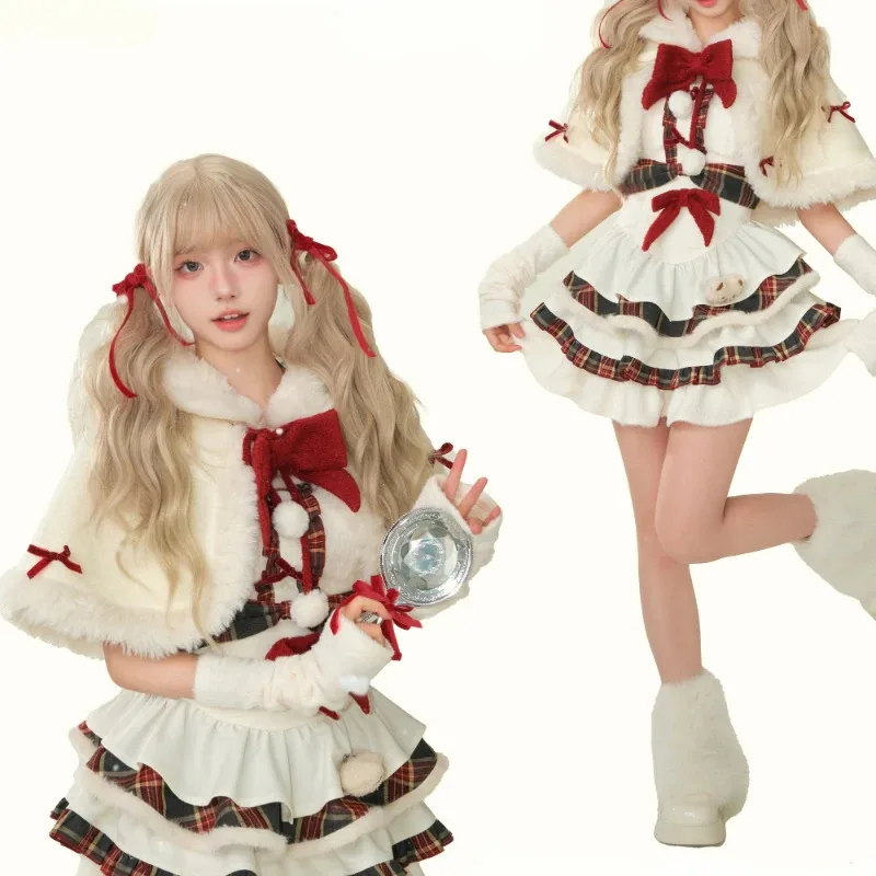 Inverno kawaii lolita vestido define feminino arco com capuz xale jaquetas curtas xadrez retalhos mini vestidos coreano natal ano novo terno