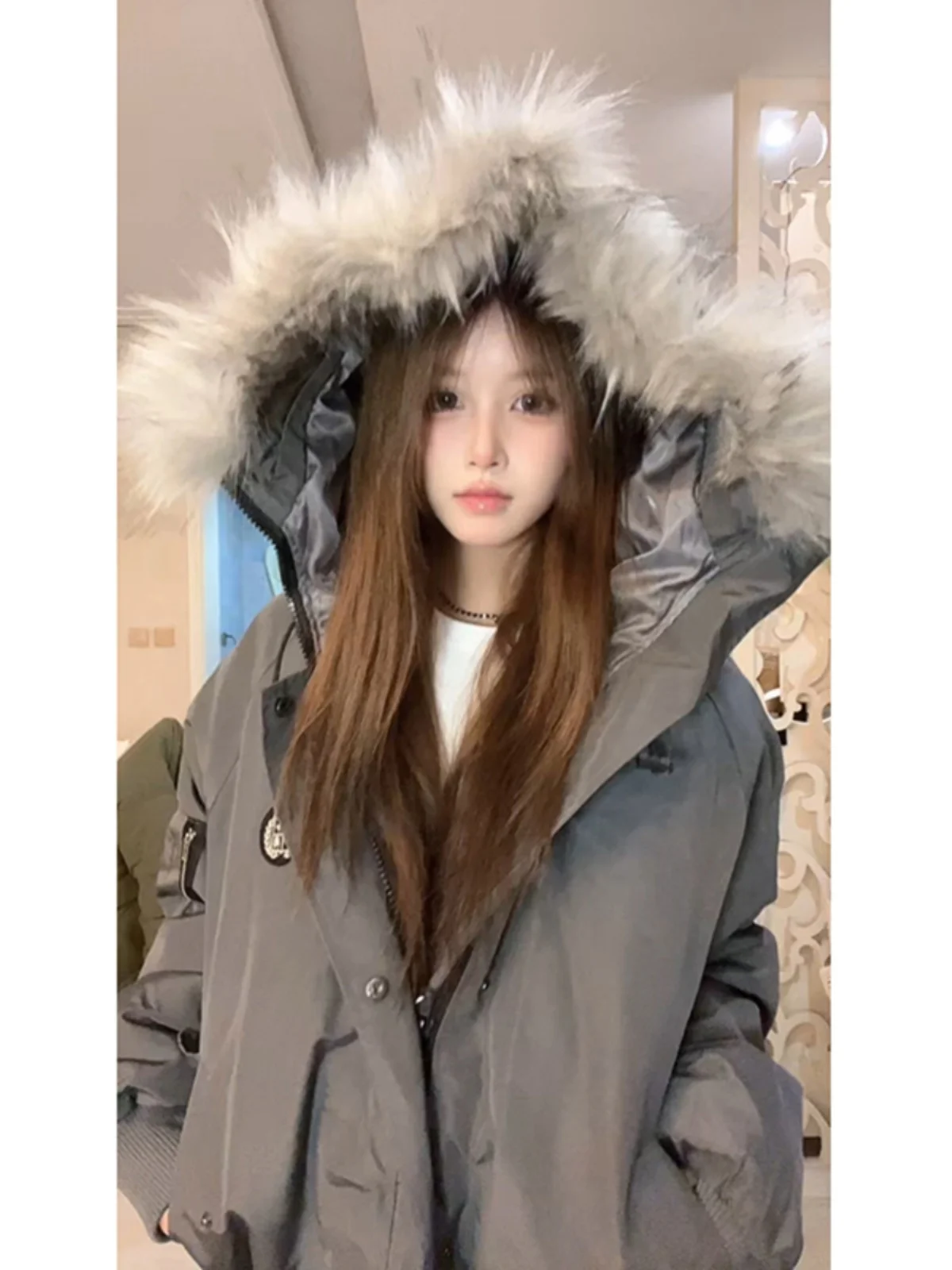 

Vintage Men's Parka Coat Thiened Winter Cotton Jaet with Large Fur Collar Couple's Outerwear Casual Loose Fit Polyester F...