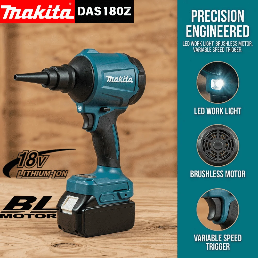Soplador Inalámbrico Makita DAS180 de 18V sin Escobillas con Boquilla para Limpieza del Hogar, PC y Trabajos de Limpieza de Residuos en Talleres