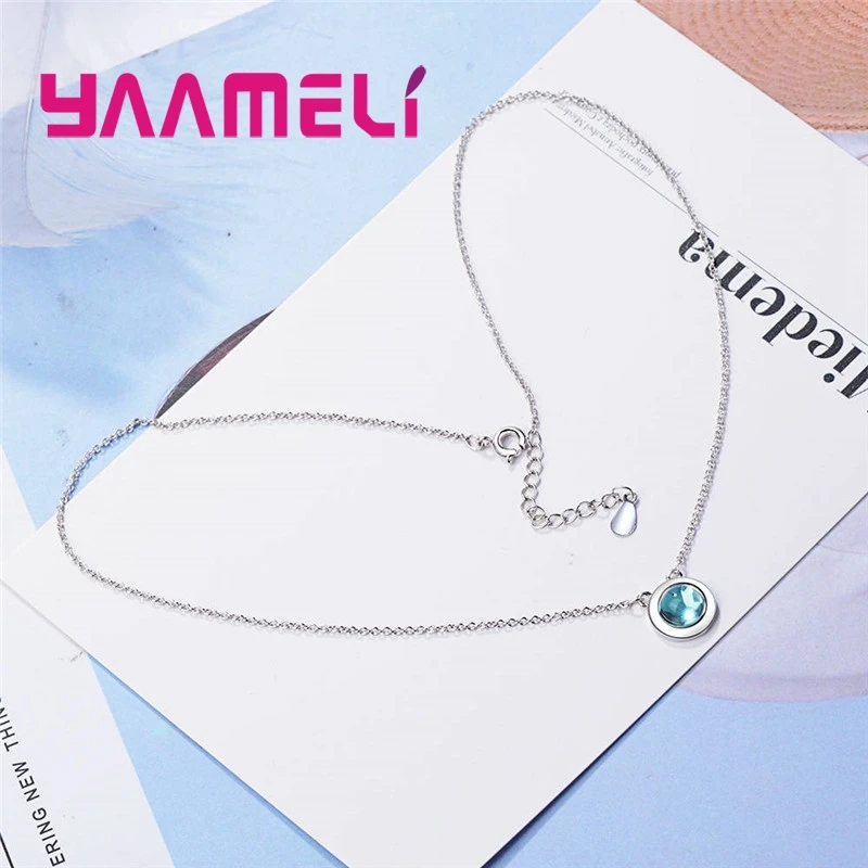 Minimalist Hot Sale Round Blue CZ Stone Sparkling 925 Sterling Silver Necklace For Loverly Woman Girls Trendy Festival Gift image 5