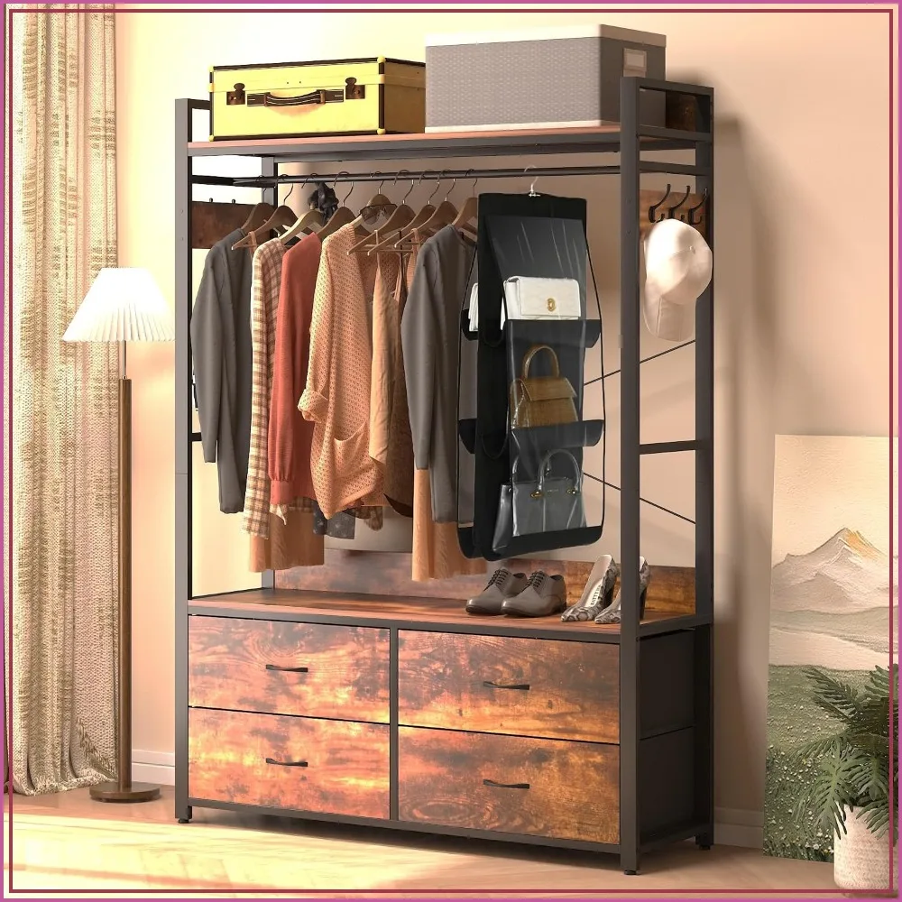 Clothes Rack with Drawers, Shelves, Hanging Rod, Bag Storage, Freestanding Closet Organizer