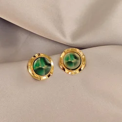 Retro Green Cat Eye Stone Round Earring Gold Color Side Circle Stud Earrings for Women Elegant Wedding Ear Jewelry 2026 brincos