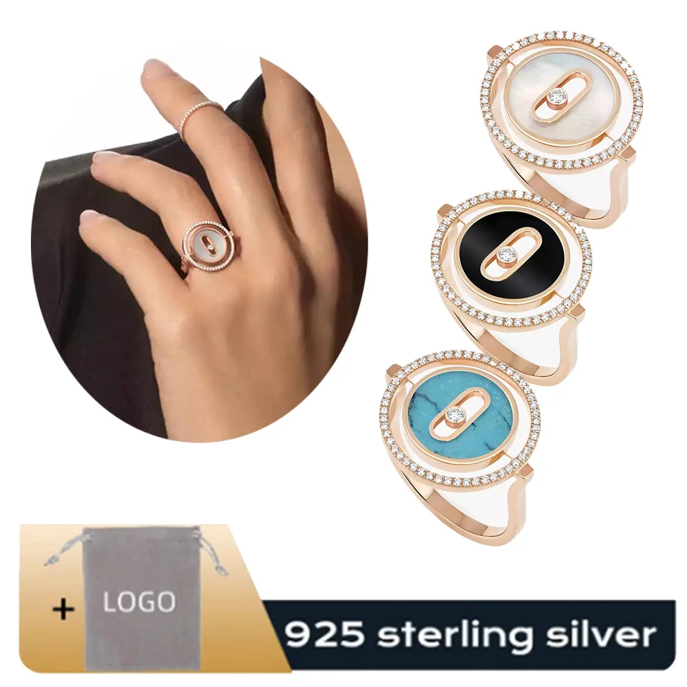 

New niche pure silver material high-quality mother of pearl turquoise agate stone disc sliding diamond luxury brand women's ring