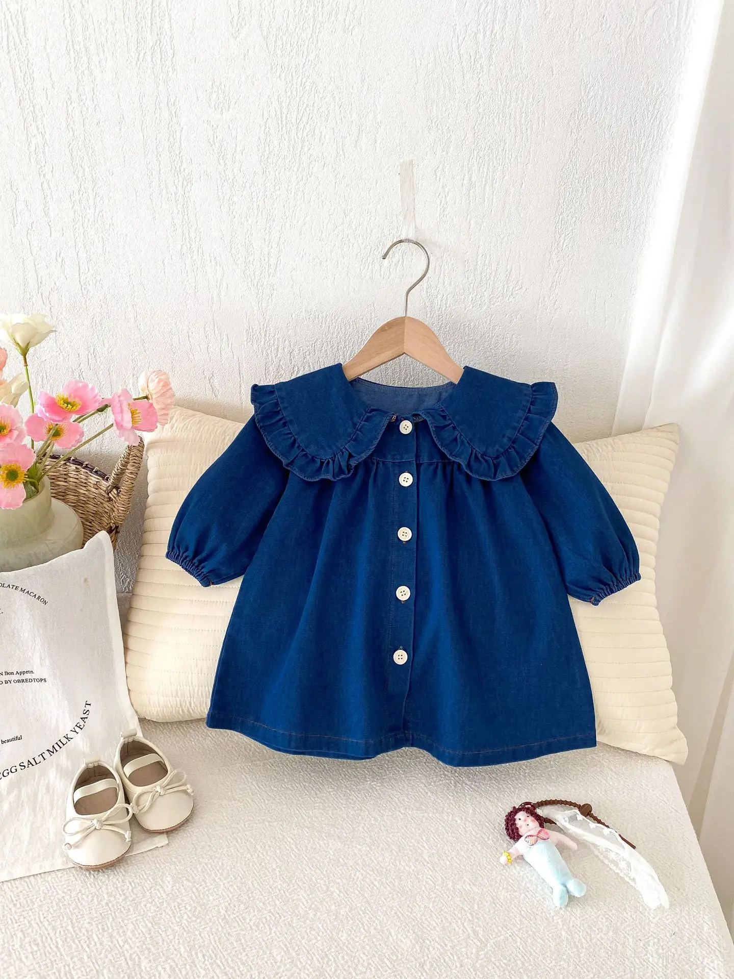 2025 Fashion Spring Autumn Children Clothes Baby Girls Cotton Peter Pan Collar Long Sleeve Denim Bodysuits Toddler Kids Rompers