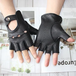 Gants sans doigts en cuir de daim pour hommes, demi-doigt, creux, sport, fitness, moto, conduite automobile, court, mode, été