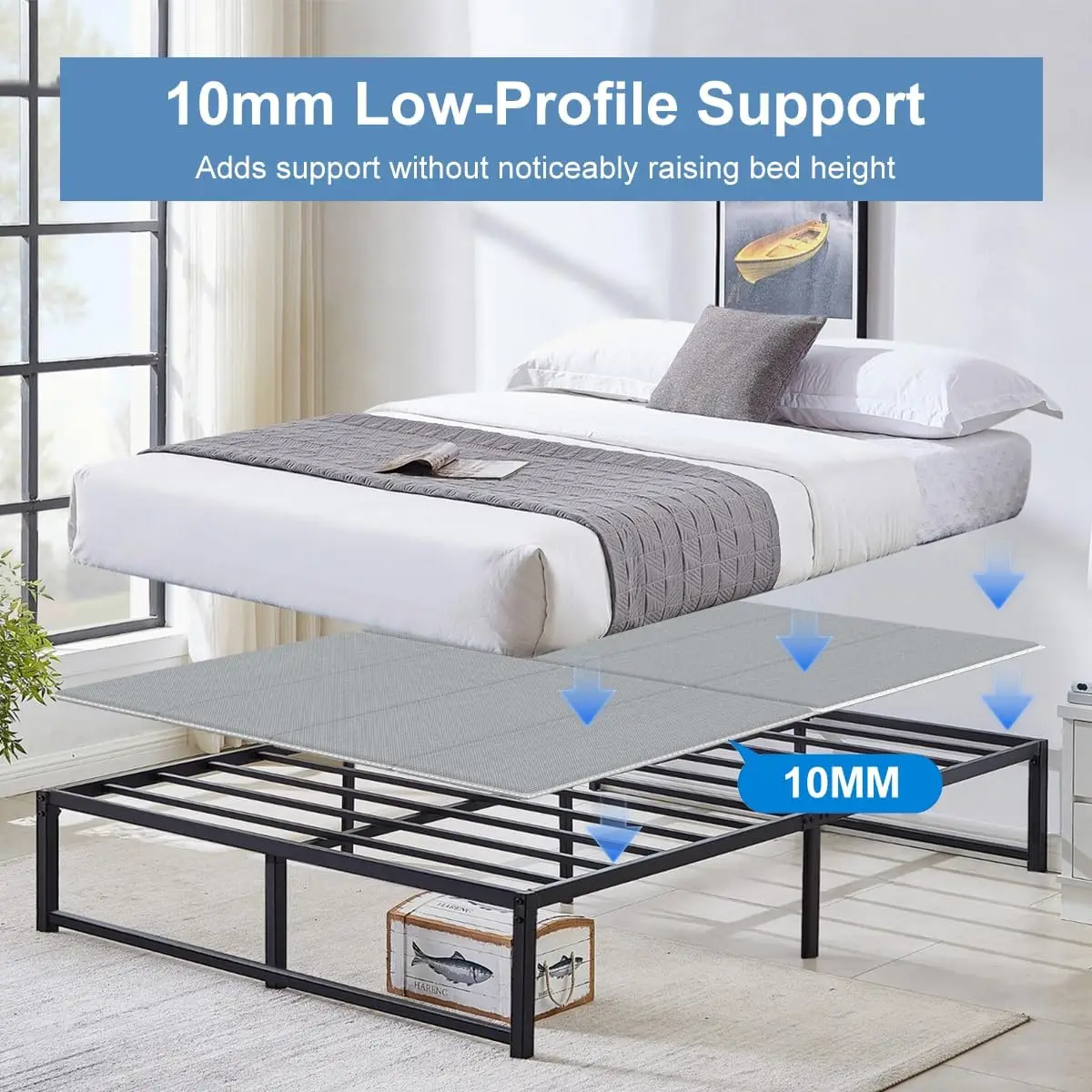 Queen Size Bunkie Board, 60 x 80 in, 10mm Low-Profile Mattress Support Board with Full Non-Slip Base, Under-Mattress Support for Platform Beds, Metal Slats & Slatted Frames - view 4