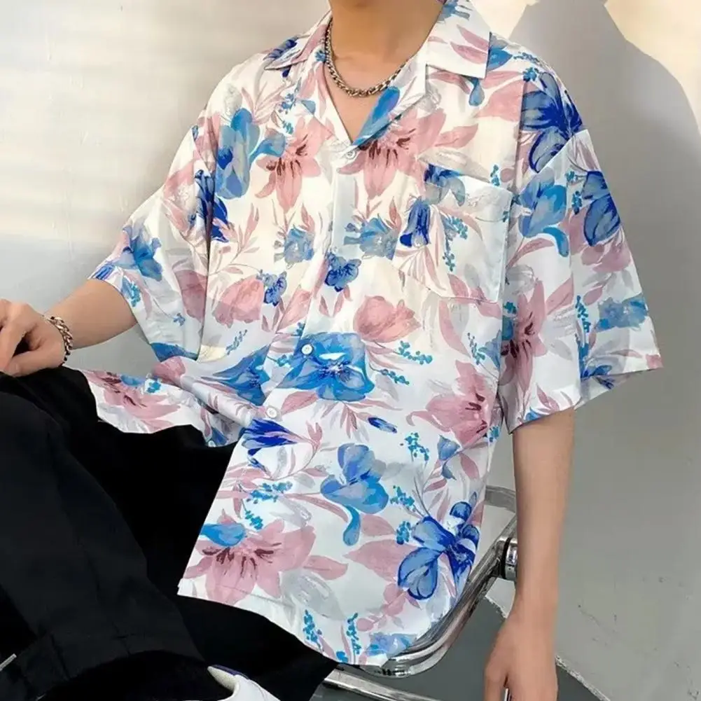 Plus Size Men Summer Beach Shirt Hawaii Floral Print Lapel Loose Half Sleeves Mid Length Hawaiian Vacation Shirt Top