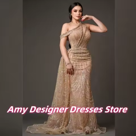Champagne Sequin Beaded Evening Dresses Saudi Arabic One Shoulder Wedding Party Dress Graceful Dinner Gowns Females Customized
