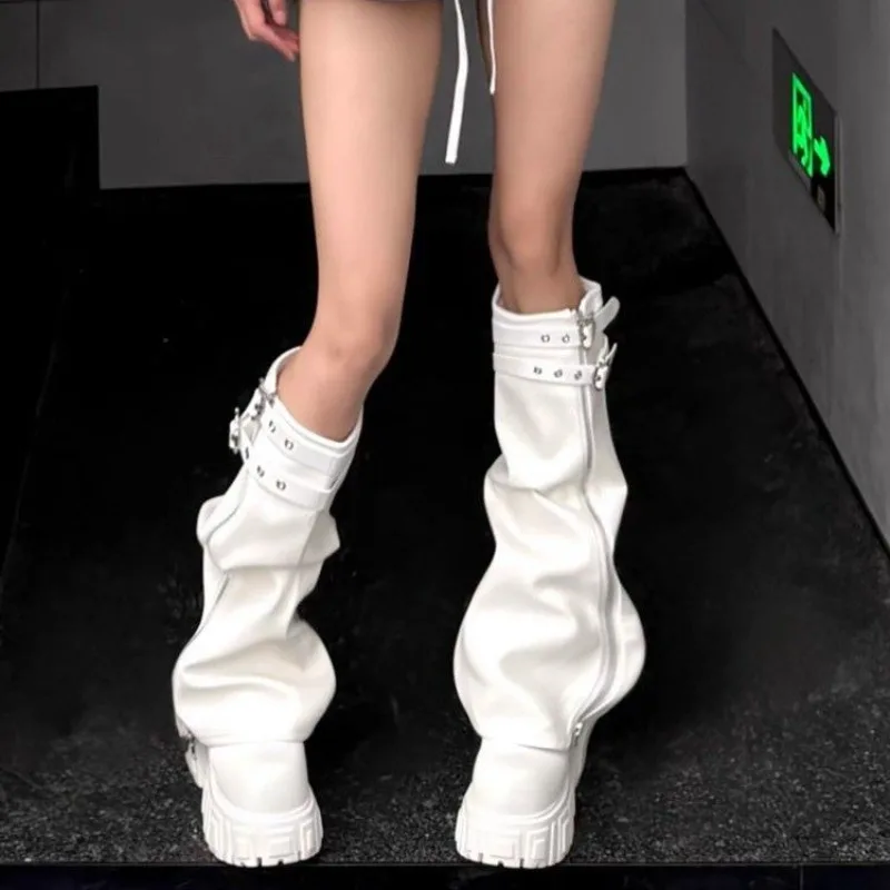 Women Round Toe Slouchy Knee High Boots Double Buckle Strap Faux Leather Thick Platform Sole Side Zipper Tall Boots