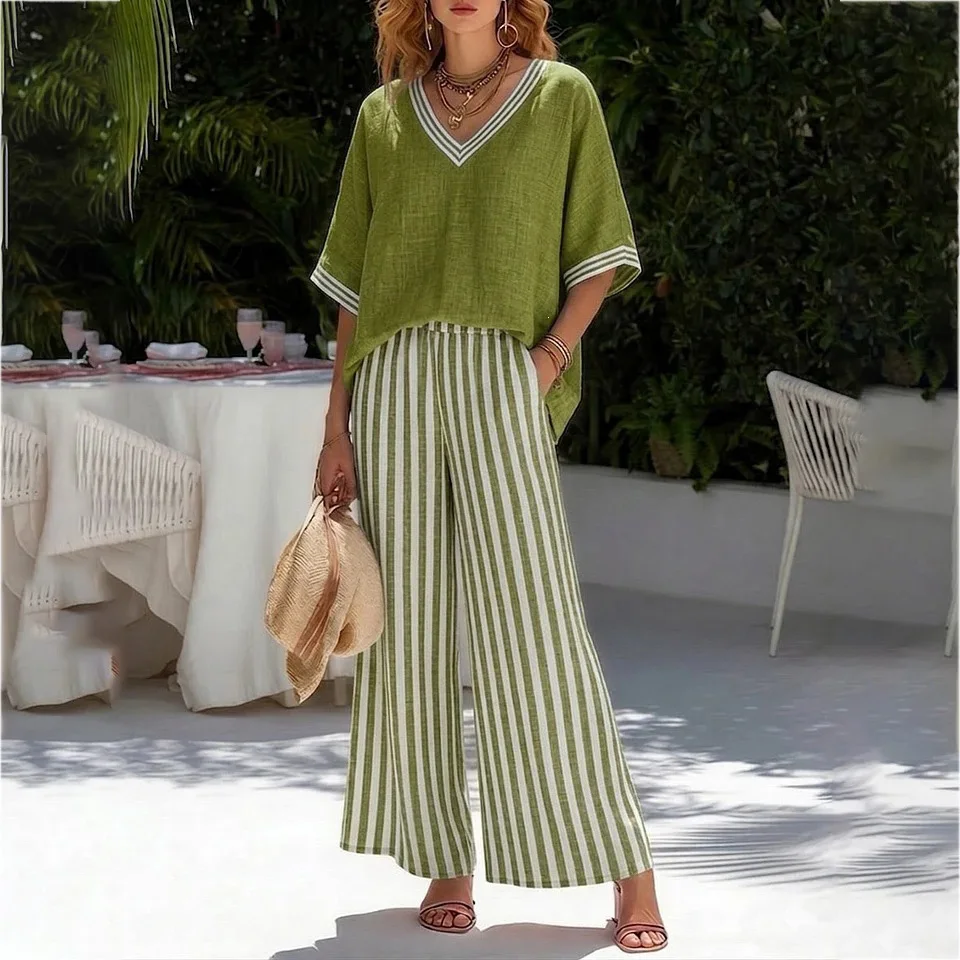 

Spring Summer New Women's Sets V-neck Short-sleeved Top Striped Printed Wide-leg Pants Female Fashion Casual Loose Two-piece Set