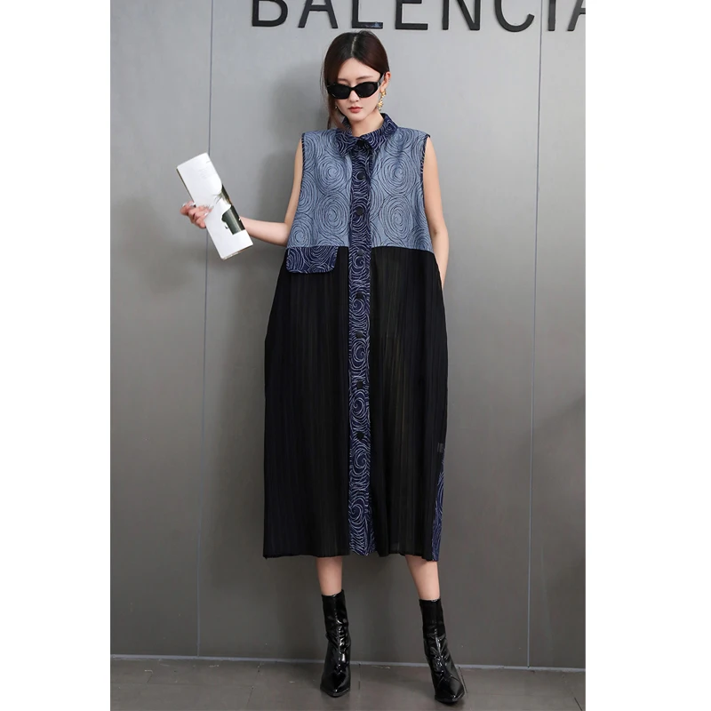 

2025 Spring New Elegant Patchwork Loose Long Dresses Women Casual Sleeveless Dress Female Wholesale J766
