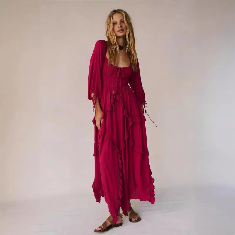 Vestido playero bohemio Vintage de verano, Vestidos largos de manga larga y cintura alta, estilo bohemio, vestido veraniego con volantes de encaje de Color sólido para Mujer