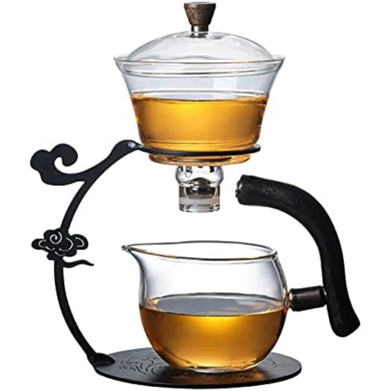 

Lazy Kungfu Glass Tea Set with Cups Semi Automatic Drip Rotating with Infuser Glass Magnetic Teapot Set Chinese New Year Gift