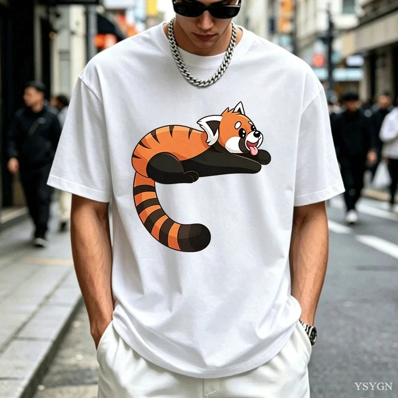 Cute Lying Cartoon Red Panda Print  Men Women T Shirt  Short Sleeve Crew Neck Cotton Animal Parent Matching Tees Tops