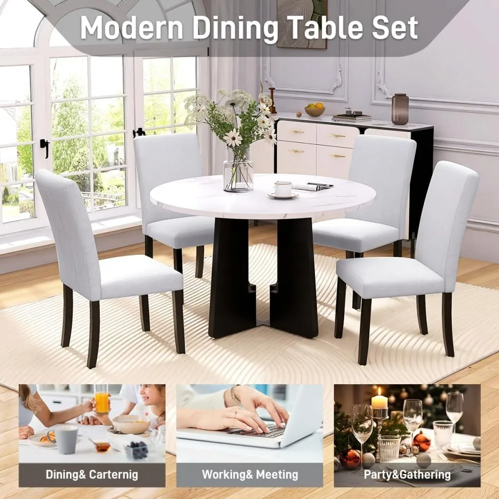 5-Piece Round Dining Table Set, 43-Inch Modern Dining Table and 4 Upholstered Chairs Kitchen Table Chairs for Dining Room