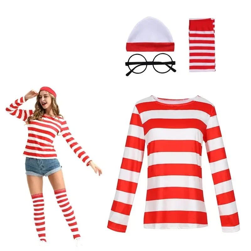 Cartoon Anime Wheres Wallys Cosplay Costumes Long Sleeved T-shirt for Man Woman Kids Smart Wally Cosplays Waldo with Hat Glasses