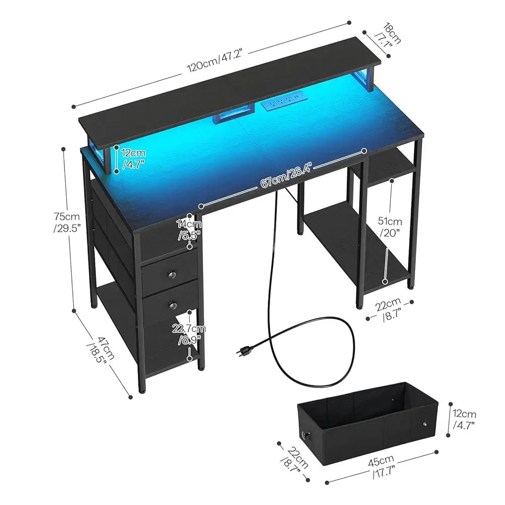 47 H Gaming Desk With Led Lights & Power Outlets, Computer Desk With Monitor Stand And Drawers, Gaming Table With Storage