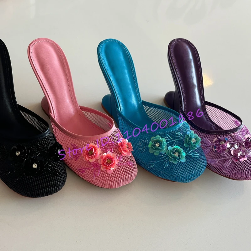 Novelty Mesh Sequin Wedges Slippers Women Chinese Beadwork Floral Decor Strange Heel Sandals Summer New Round Toe High Heels