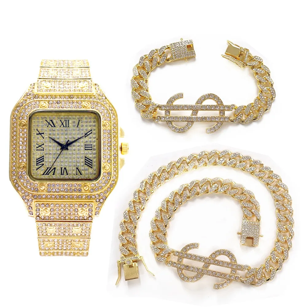 

Часы в стиле хип-хоп с квадратным циферблатом и стальным ремешком для мужчин, блестящий знак доллара, кубинское ожерелье, браслет со льдом, комплект ювелирных изделий, relojes