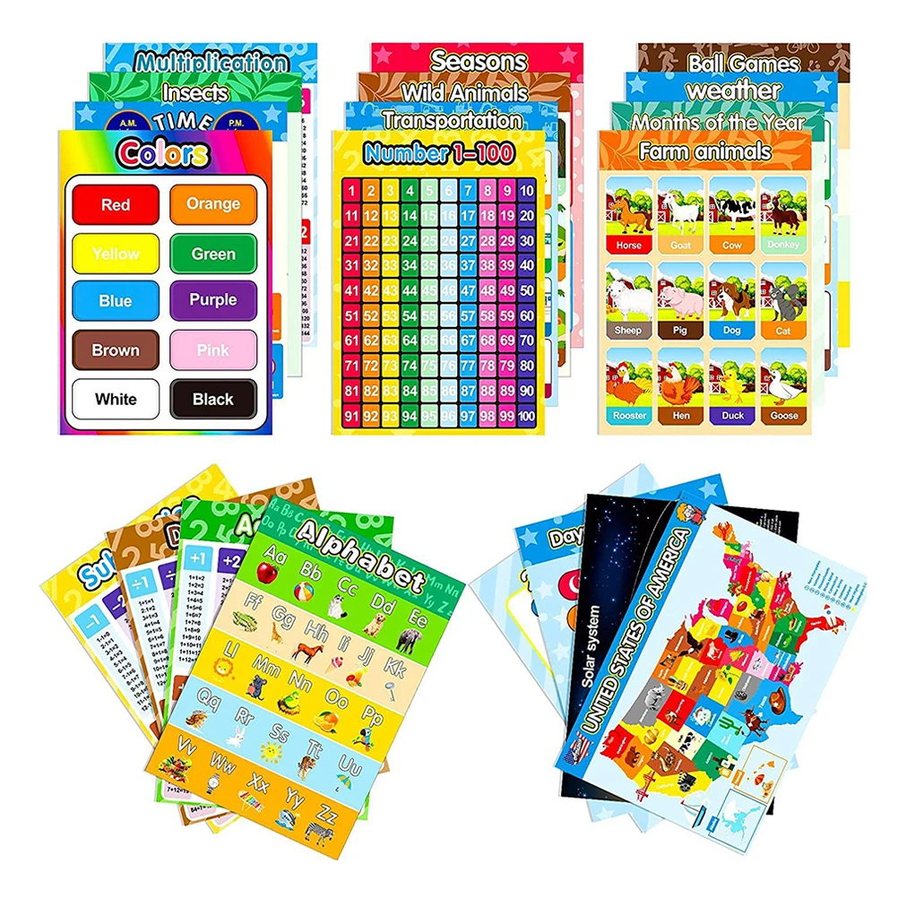 

16 Sheets Educational Posters Preschool Learning Shapes Colors Numbers Cognitive Cartoon Wall Art Kids Accessories Wear