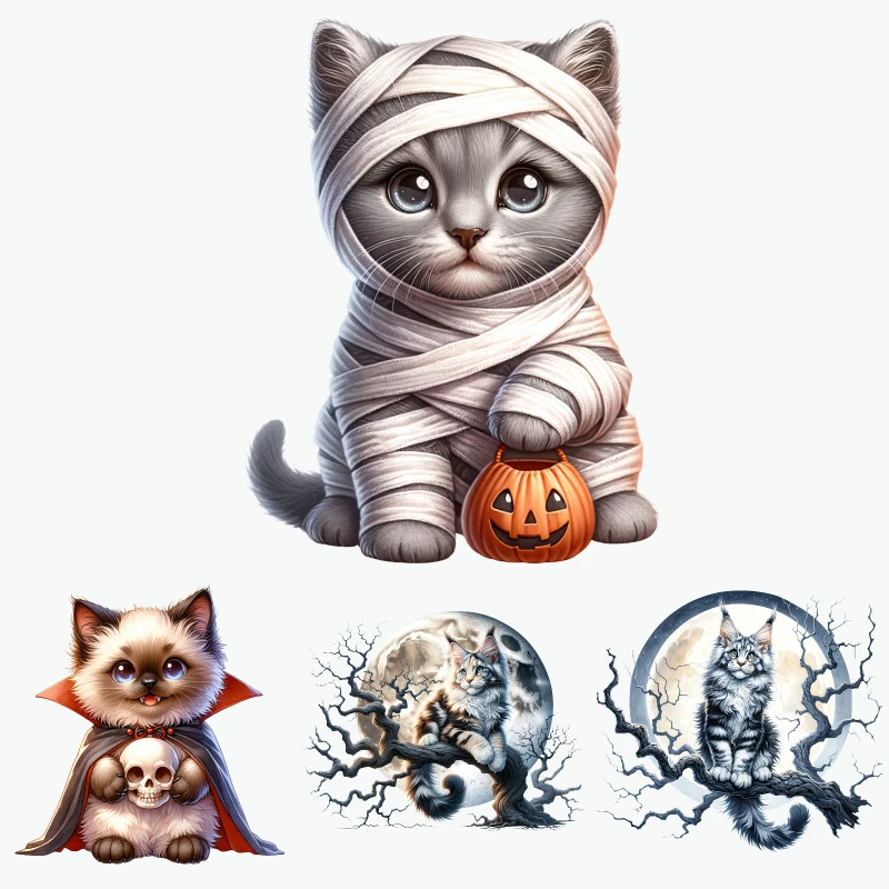 Cute Cat Halloween Costume Set Gray White Mummy Vampire Pumpkin Moon Tree Print For Party Decorations And Gifts