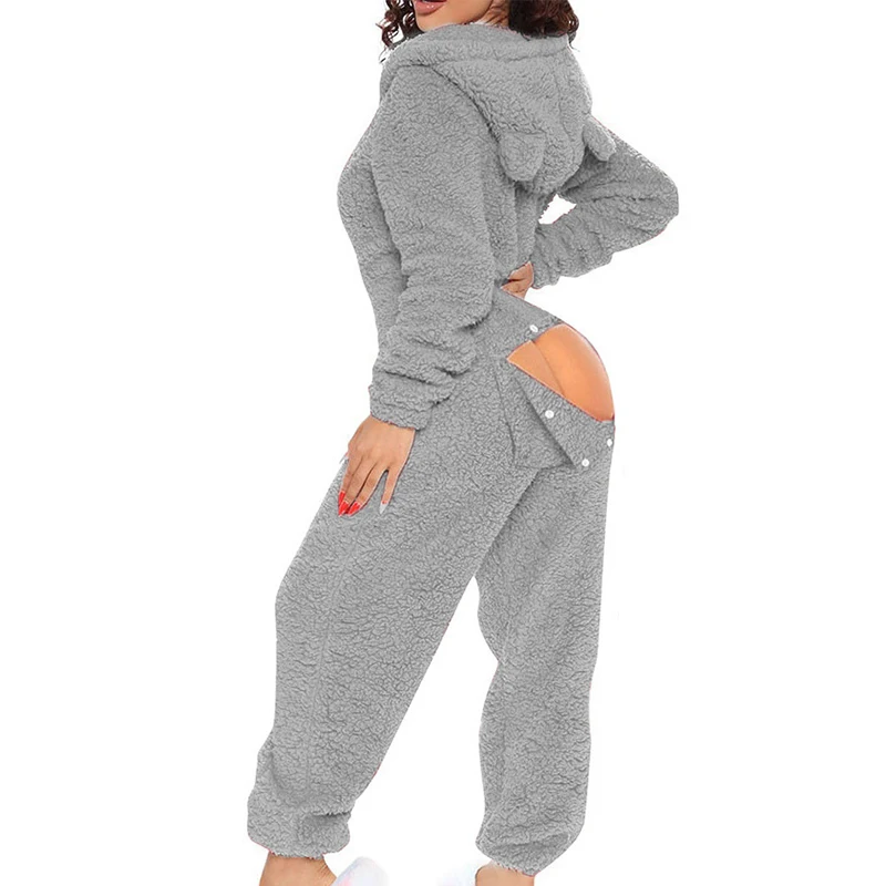 Women Fluffy Hooded Jumpsuits Velvet Plush Casual Loose Hoodies Bodysuits Winter Warm Tracksuits Button Open Butt Rompers 2XL