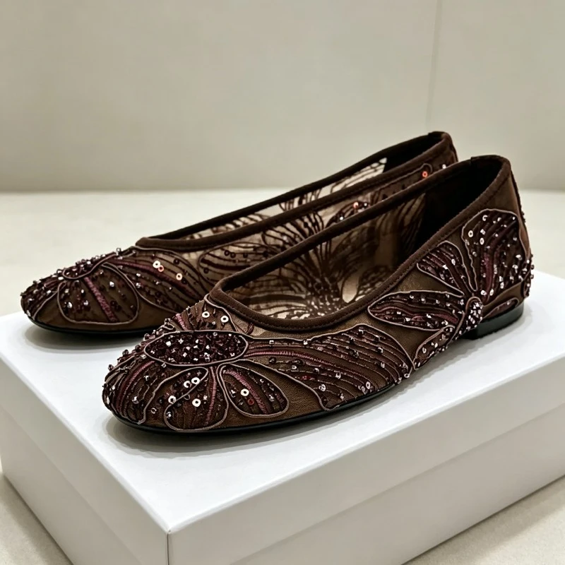 String Beads Mesh Ballet Flats Women Bling Round-Toe Casual Mules Shoes Shallow Lightweight Comfortable Mary Jane Shoes Women