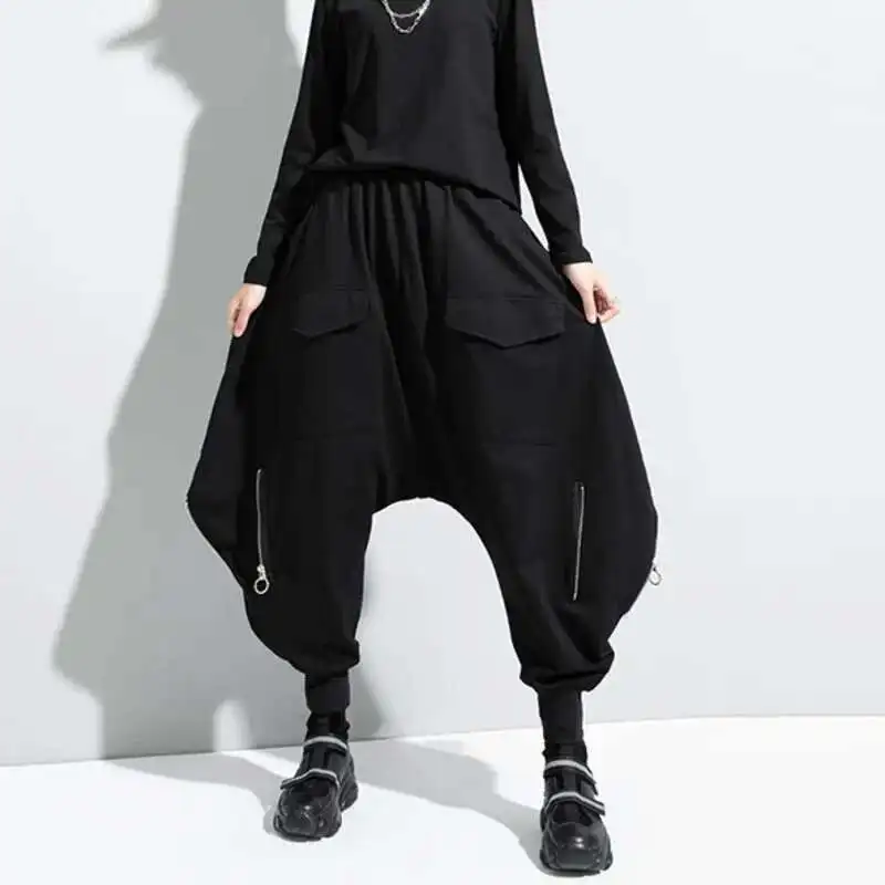 HKSH Autumn Winter New Women's Tide Dark Casual Elastic Waist Loose Punk Harem Pencil Pants Y2K Pocket Zipper Design Loose H2624
