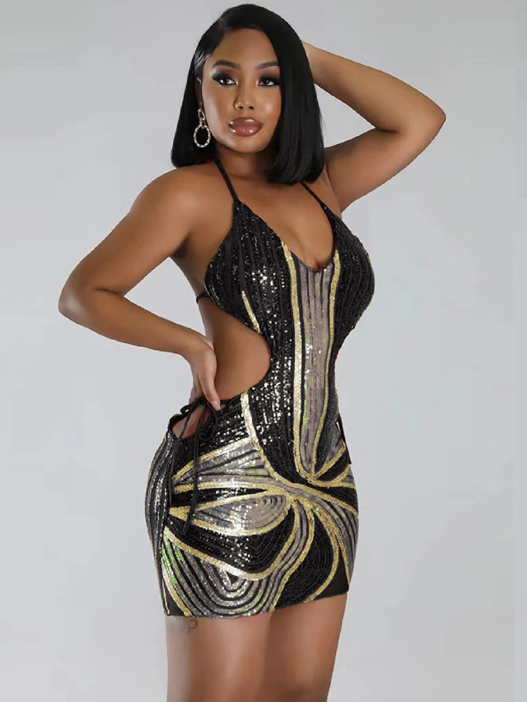 Black Women's Sexy Shiny Sequins Off Back Nightclub Party Summer Hollow Back Strap Italian Noodle A-line Mini Luxury Dress