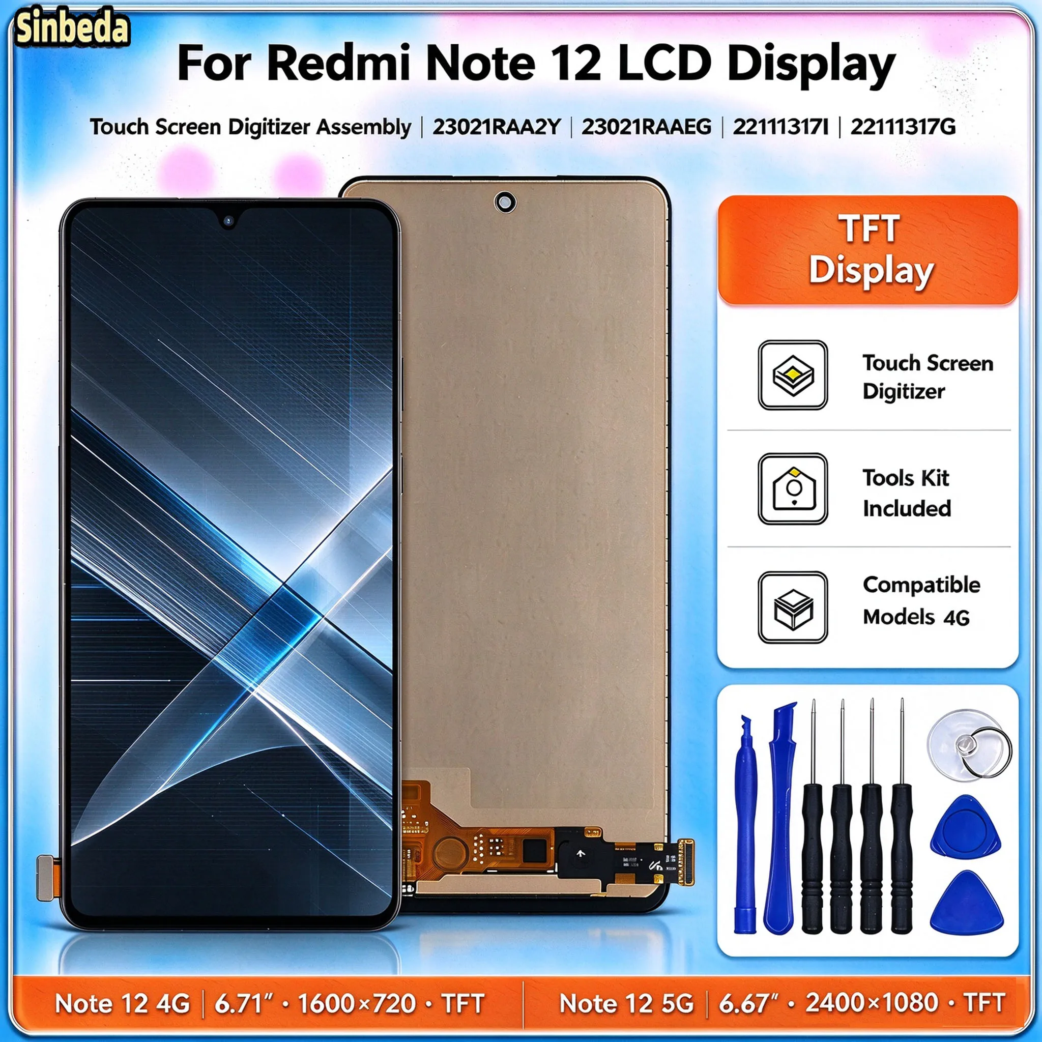 Tested TFT Display For Redmi Note 12 4G 5G LCD Touch Screen Digitizer 23021RAAEG 23021RAA2Y Replacement With Repair Tools