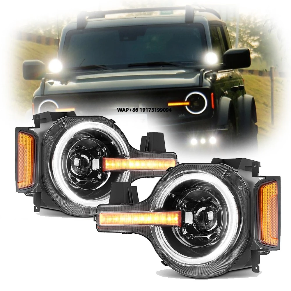 Led Front Headlight W/Y Halo DRL Sequential Turn Signal for 2021-2025 Bronco Big Bend/Black Diamond/Outer Banks/Wildtrak