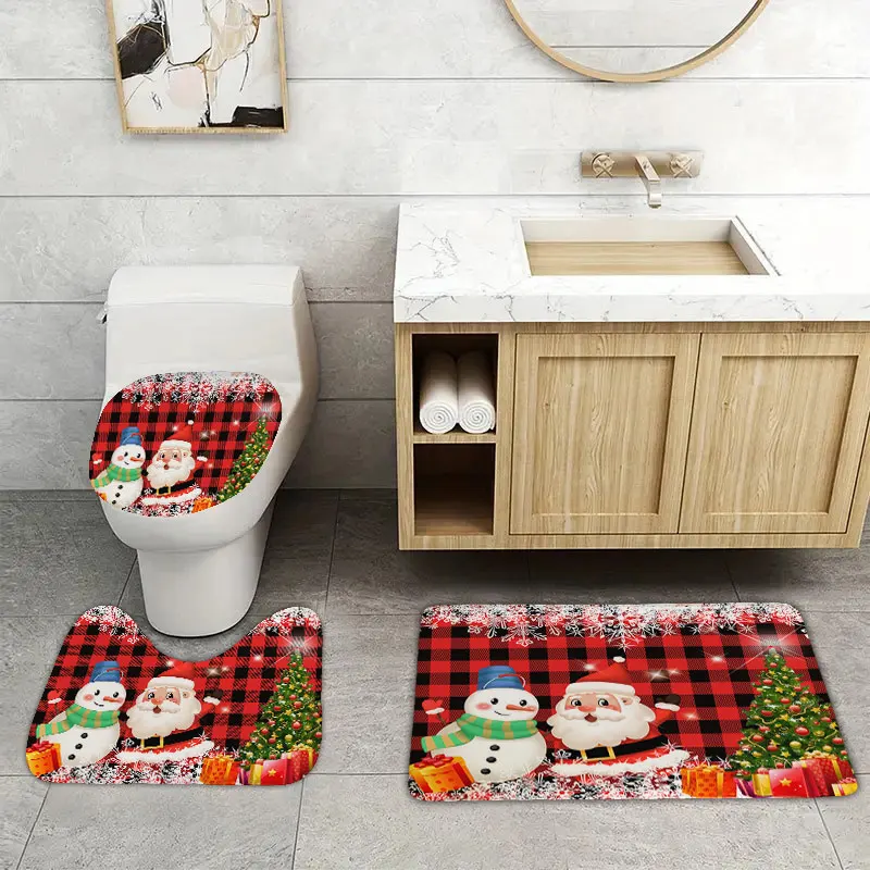 3pcs Christmas home bathroom floor mats Bath mat Snowman bathroom accessories rug Toilet mat Bathtub anti-slip carpet