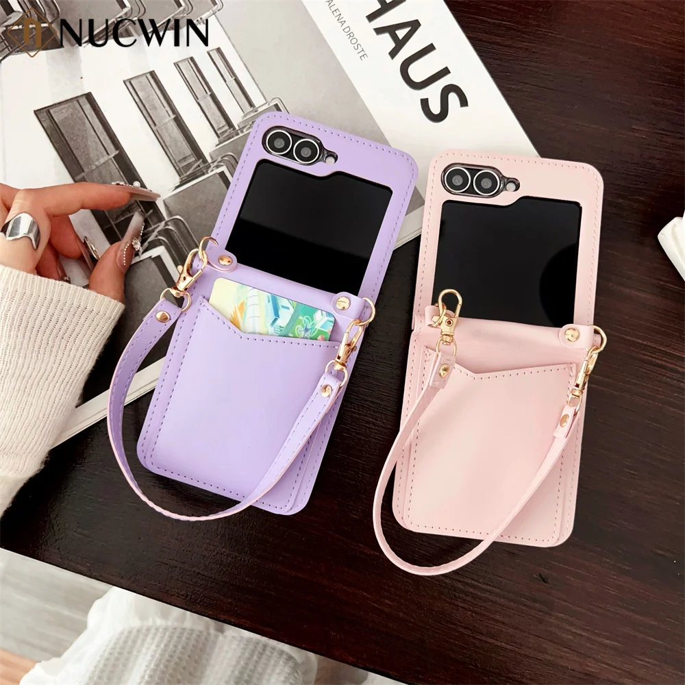 Solid Colours Card Lanyard Phone Case For Samsung Galaxy Z Flip 3 4 5 6 7 Flip7 Zflip 5 4 Handheld Rope Leather Cover Z Flip 7FE