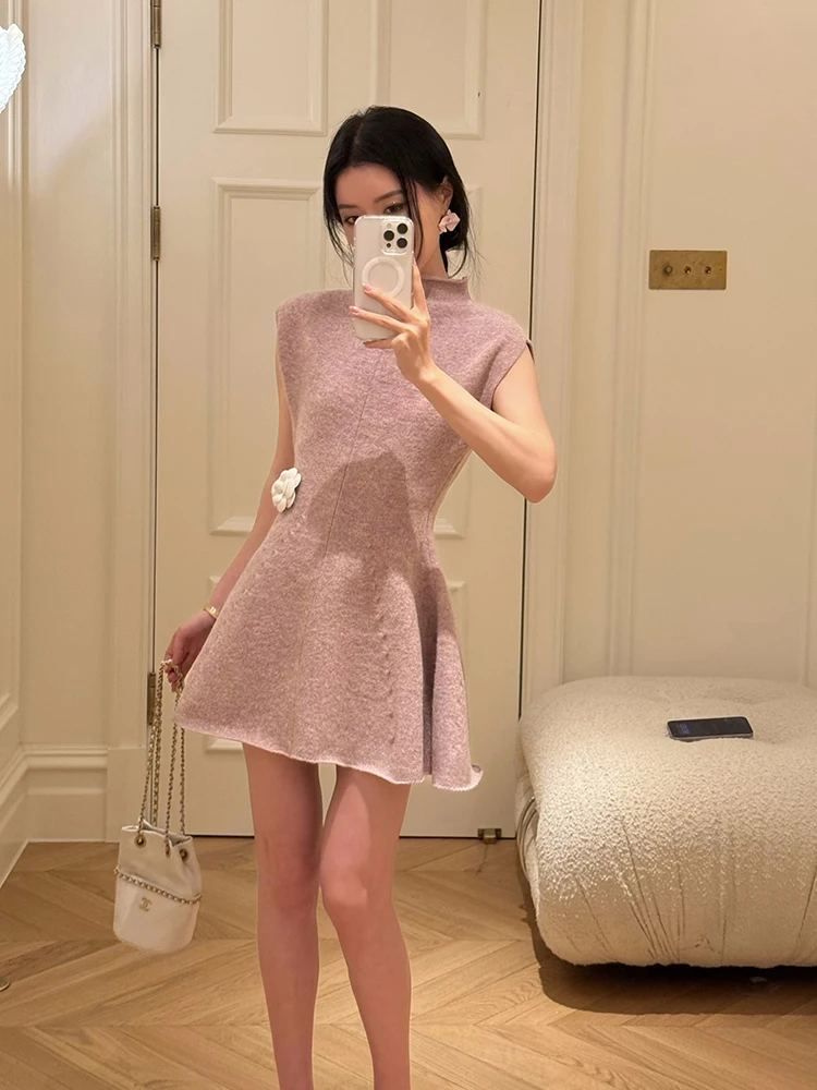 

Slimming Knitted Dr f High Collar Svel Waist Cinched Hourglass Silhouette ort A-Line Skirt Commute Sle Polyes...