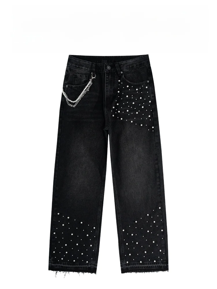 

BAIRBAOLIY Trendy Brand Men's Loose Straight Leg Jeans Heavy Du Pearl Chain Waed out Casual Faion Cotton Denim Pants