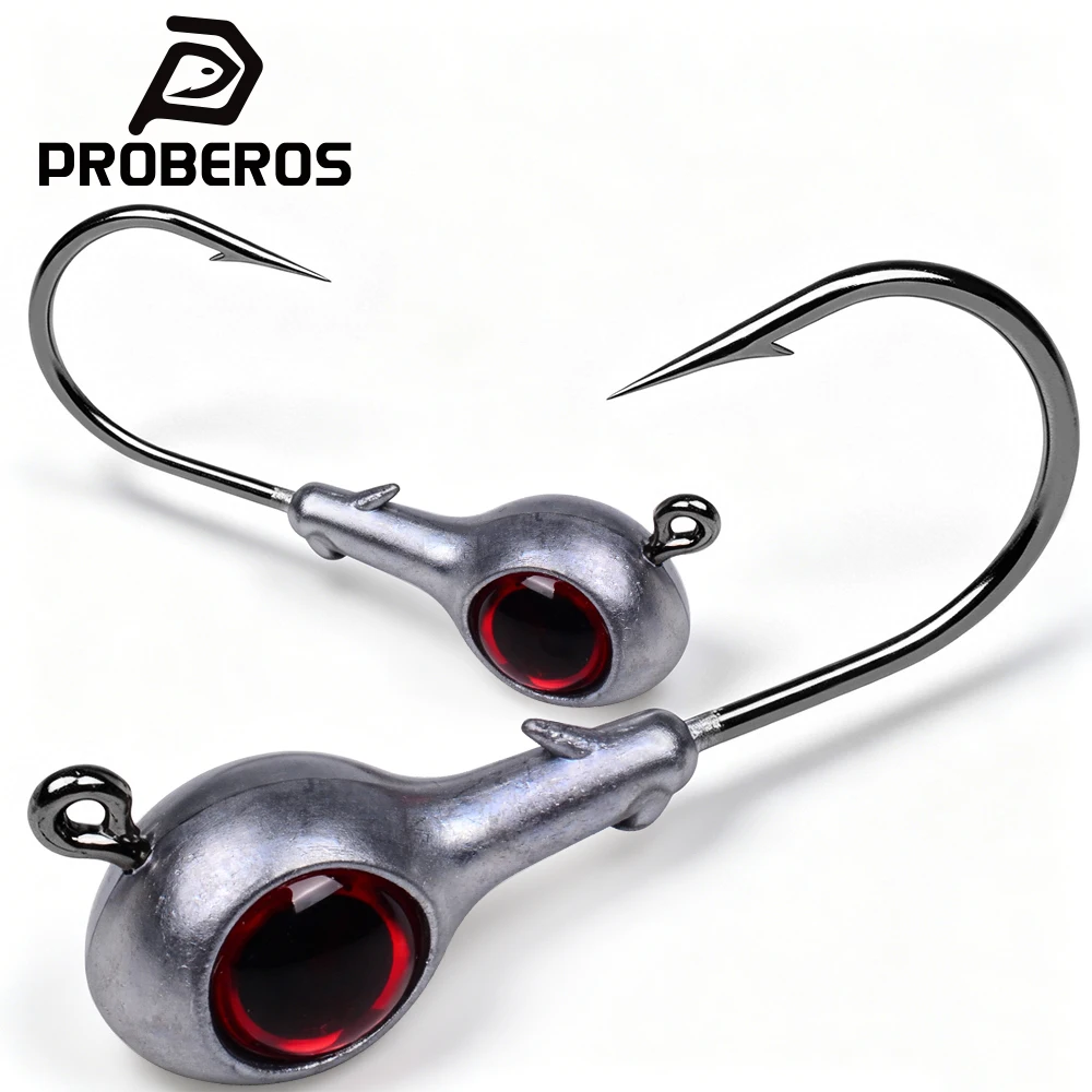 PROBEROS 10 pièces/boîte Hameçons de pêche à tête plombée avec yeux rouges simulés, hameçons simples à ardillon, appâts souples en plastique pour la pêche au bar