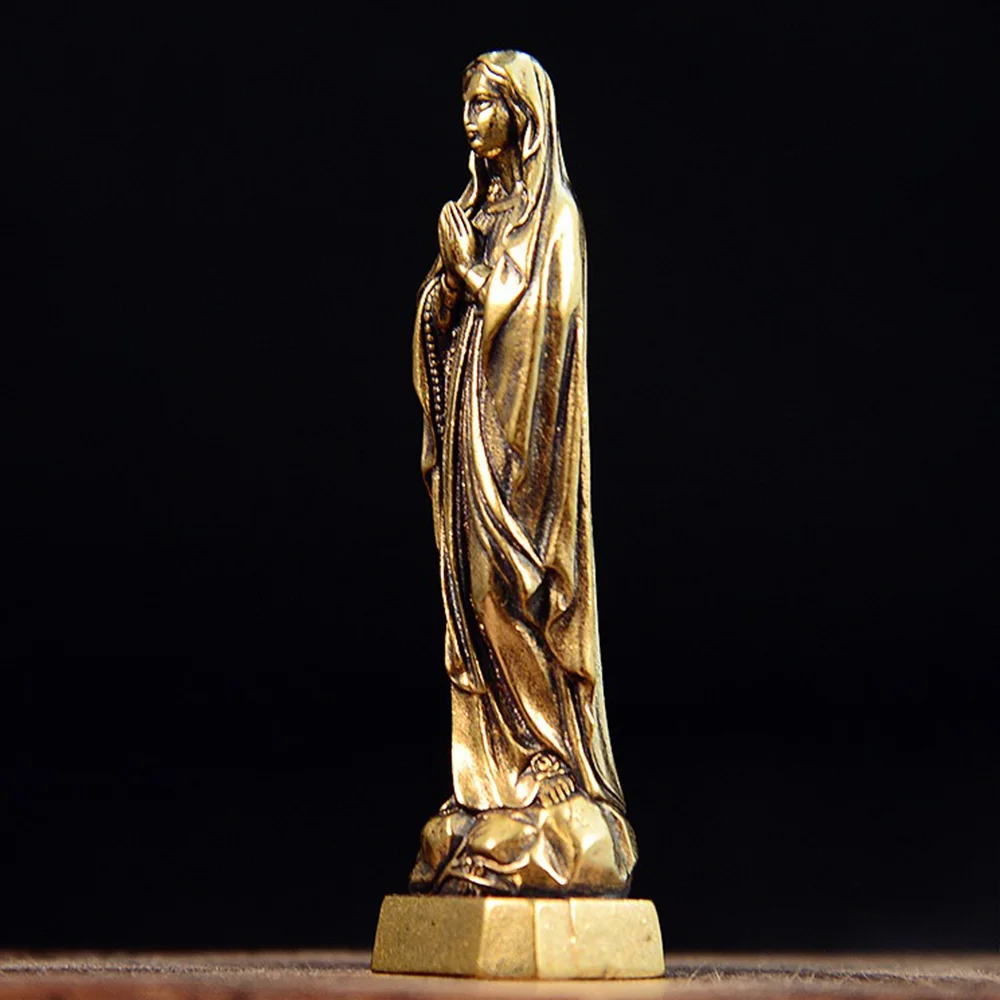 Brass Virgin Mary Figurines Portable Mini Vintage Style Religious Holy Mother Sculpture Collectibles