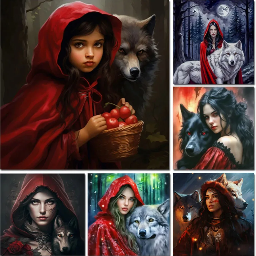 Red Hooded Girl And Wolf 5D DIY Full Round Diamond Painting Cross Stitch Kits New 2024 Mosaic Diamond Embroidery Home Decor