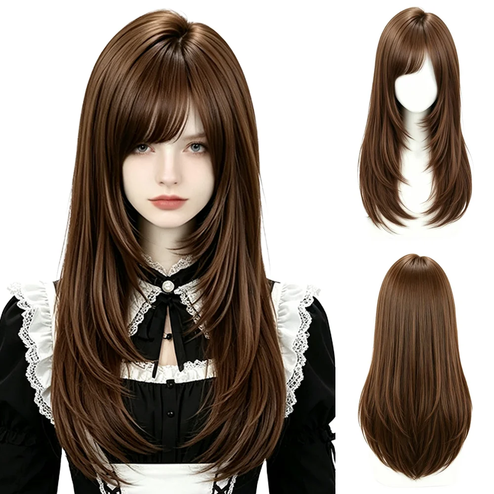 Long Straight Layered Wig For Women Milk Tea Brown Heat Resistant Synthetic Hair With Side Bangs Halloween Daily Cosplay Party