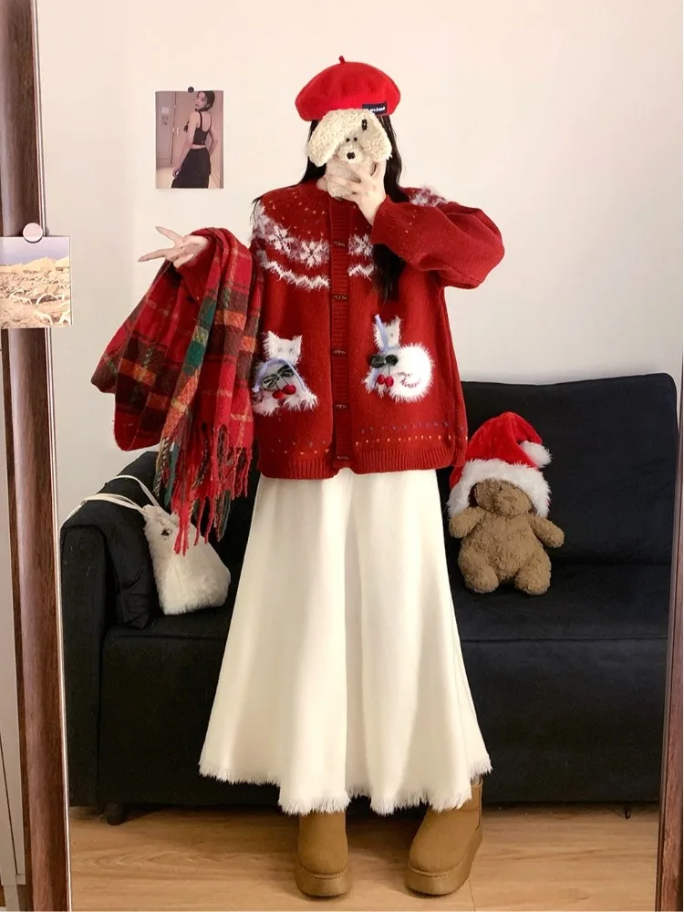 

plus Size Cisas New Year Red Button up Knitwear Coat Women's Autumn Winter High Waist Skirt Set Korean Sle Loose Fit