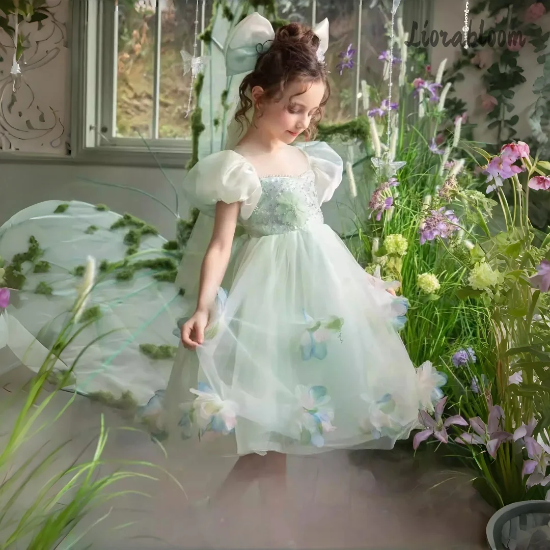 Gaun Putri Hijau Hutan Elegan Kostum Peri untuk Anak Perempuan dengan Tulle Bunga 3D untuk Pesta Ulang Tahun Bertema Pernikahan di Taman
